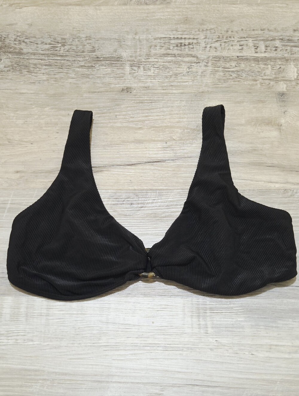 Abercrombie & Fitch Black Ribbed Bikini Top with Front Tortise Shell Ring Size M